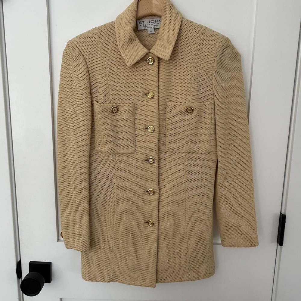 VTG St John Collection Marie Gray Knit Jacket/Sweater Warm Beige Spring SZ 2 - Picture 3 of 9